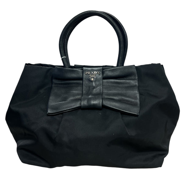 PRADA Nylon Bow Handbag Tote Bag Black PR177