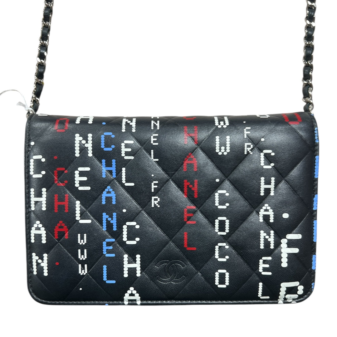 CHANEL Typography Print Chain Wallet WOC Quilted Leather Black CH2107