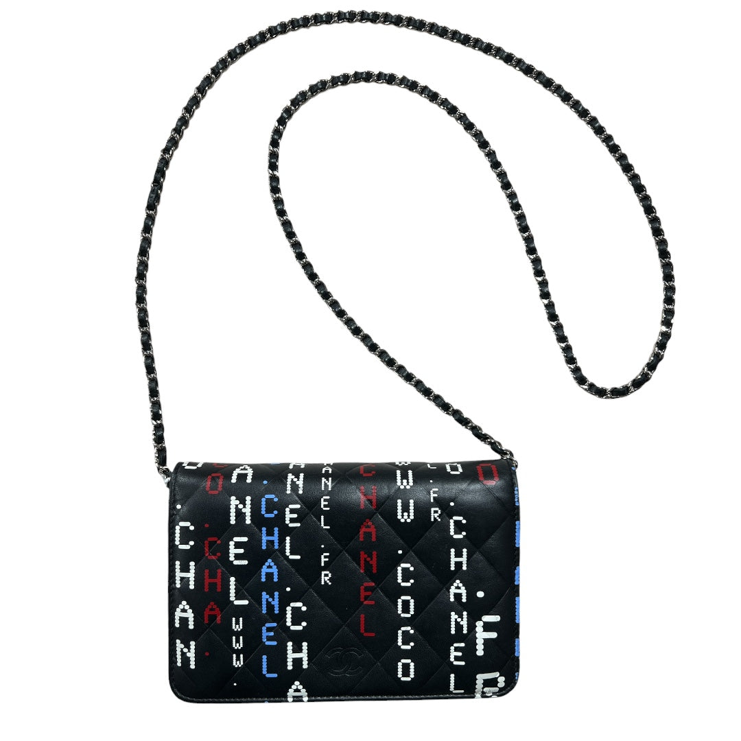 CHANEL Typography Print Chain Wallet WOC Quilted Leather Black CH2107
