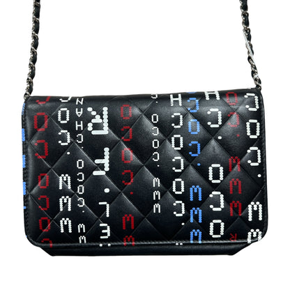 CHANEL Typography Print Chain Wallet WOC Quilted Leather Black CH2107