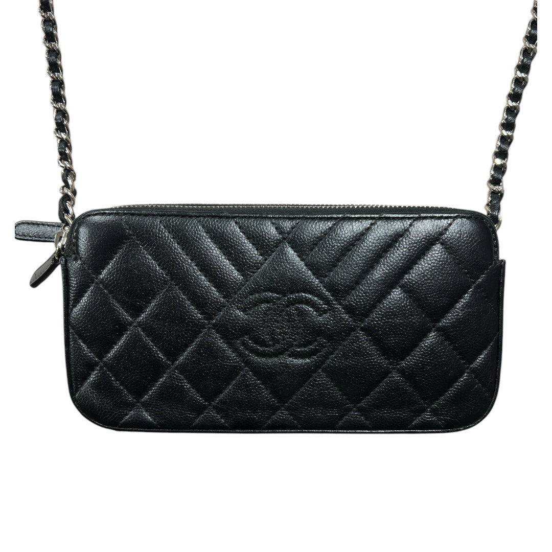 CHANEL Double Zip Chain Wallet Quilted Grained Calfskin Black CH2108