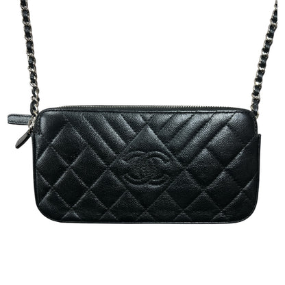 CHANEL Double Zip Chain Wallet Quilted Grained Calfskin Black CH2108
