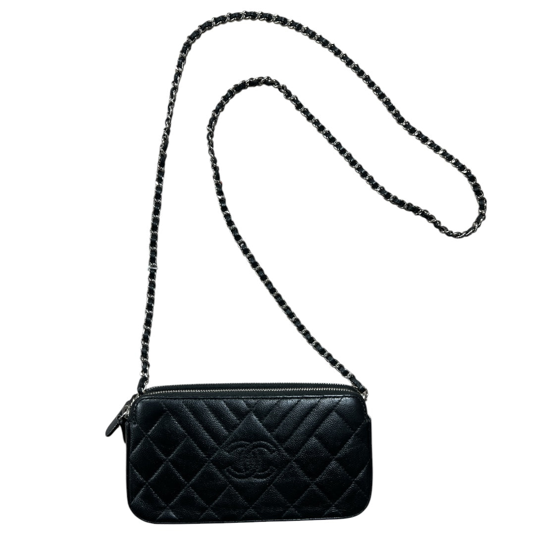CHANEL Double Zip Chain Wallet Quilted Grained Calfskin Black CH2108