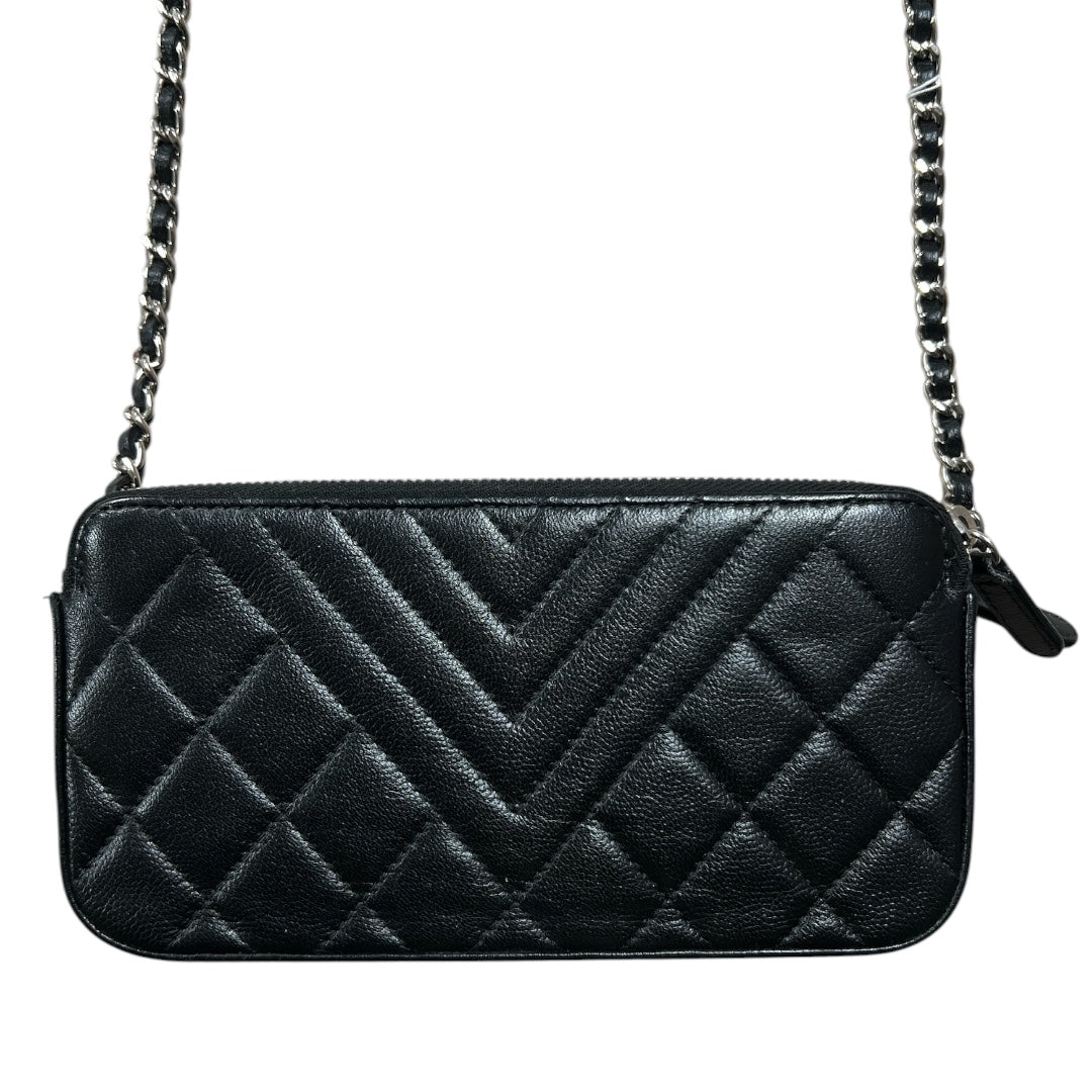 CHANEL Double Zip Chain Wallet Quilted Grained Calfskin Black CH2108