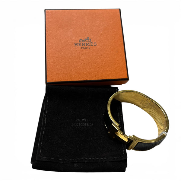 HERMES Clic Clac H Bracelet Black Enamel Gold Hardware Bangle  HE443