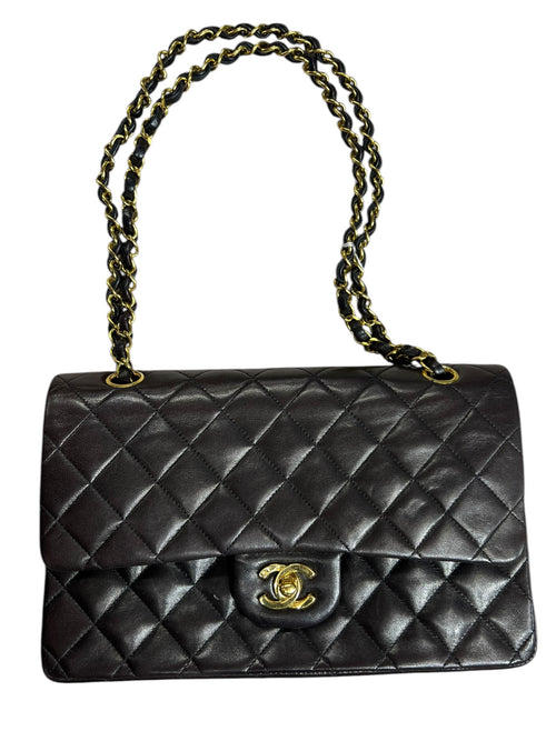 CHANEL Classic Double Flap 25 Matelasse Lambskin Black Gold Hardware Chain Shoulder Bag  CH2120