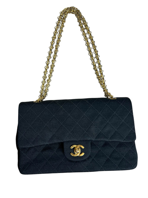CHANEL Vintage Classic Double Flap Medium Jersey Black Gold Hardware Chain Shoulder Bag 1994-1996  CH2118