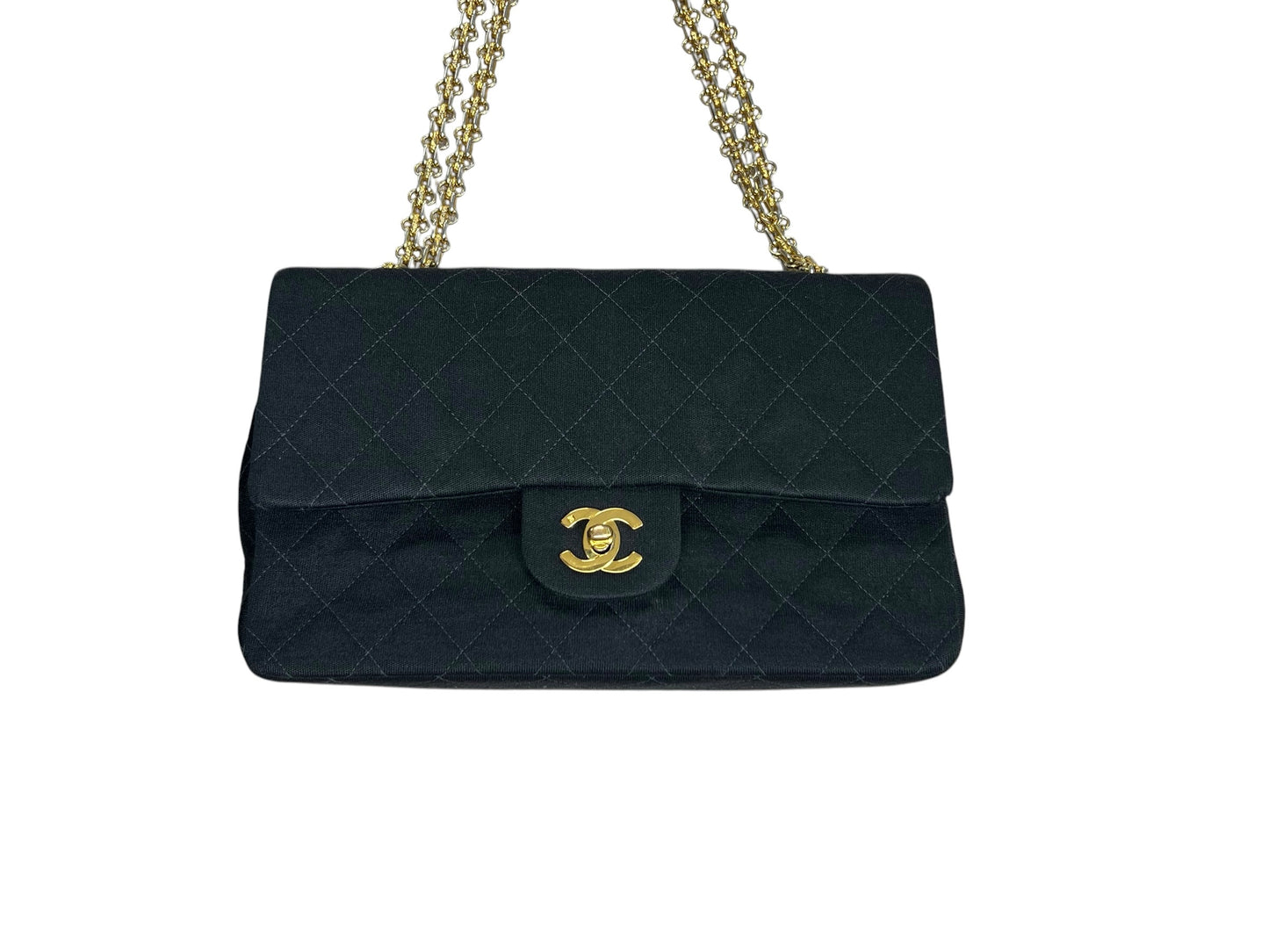 CHANEL Vintage Classic Double Flap Medium Jersey Black Gold Hardware Chain Shoulder Bag 1994-1996 CH2118