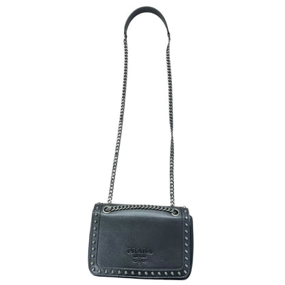 PRADA Studded Leather Flap Chain Shoulder Bag Black  PR193