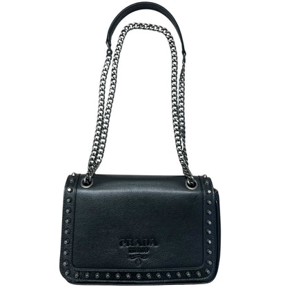 PRADA Studded Leather Flap Chain Shoulder Bag Black  PR193