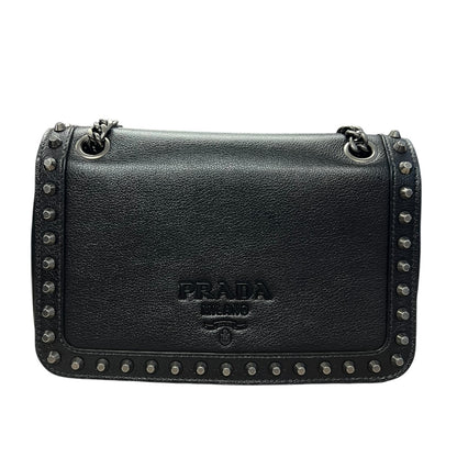 PRADA Studded Leather Flap Chain Shoulder Bag Black  PR193