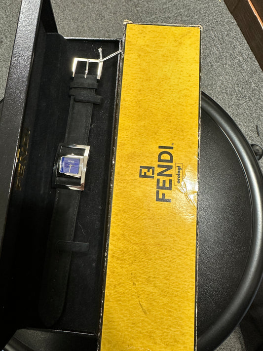 Fendi Cut-Out Square Blue Dial Stainless Steel Black Leather 17x19mm Ladies Watch - ER42