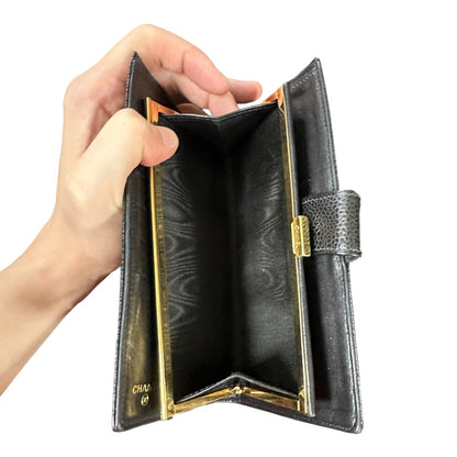 Authentic Chanel Caviar Leather CC Logo Kiss Lock Long Wallet Black CH2067