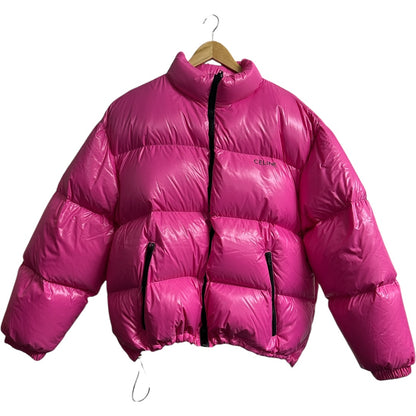 Authentic Celine Logo Puffer Jacket Pink Shiny Nylon CE250