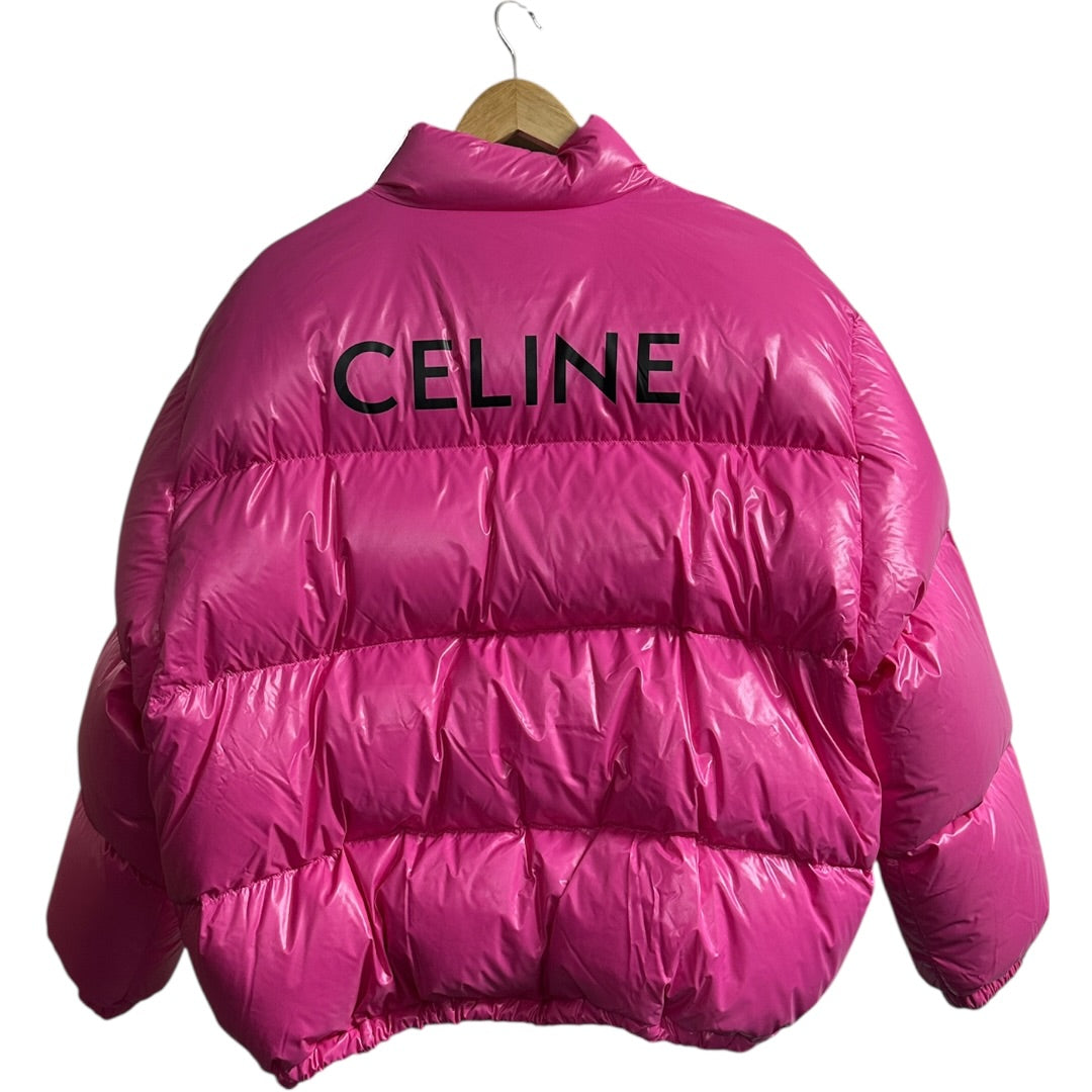 Authentic Celine Logo Puffer Jacket Pink Shiny Nylon CE250