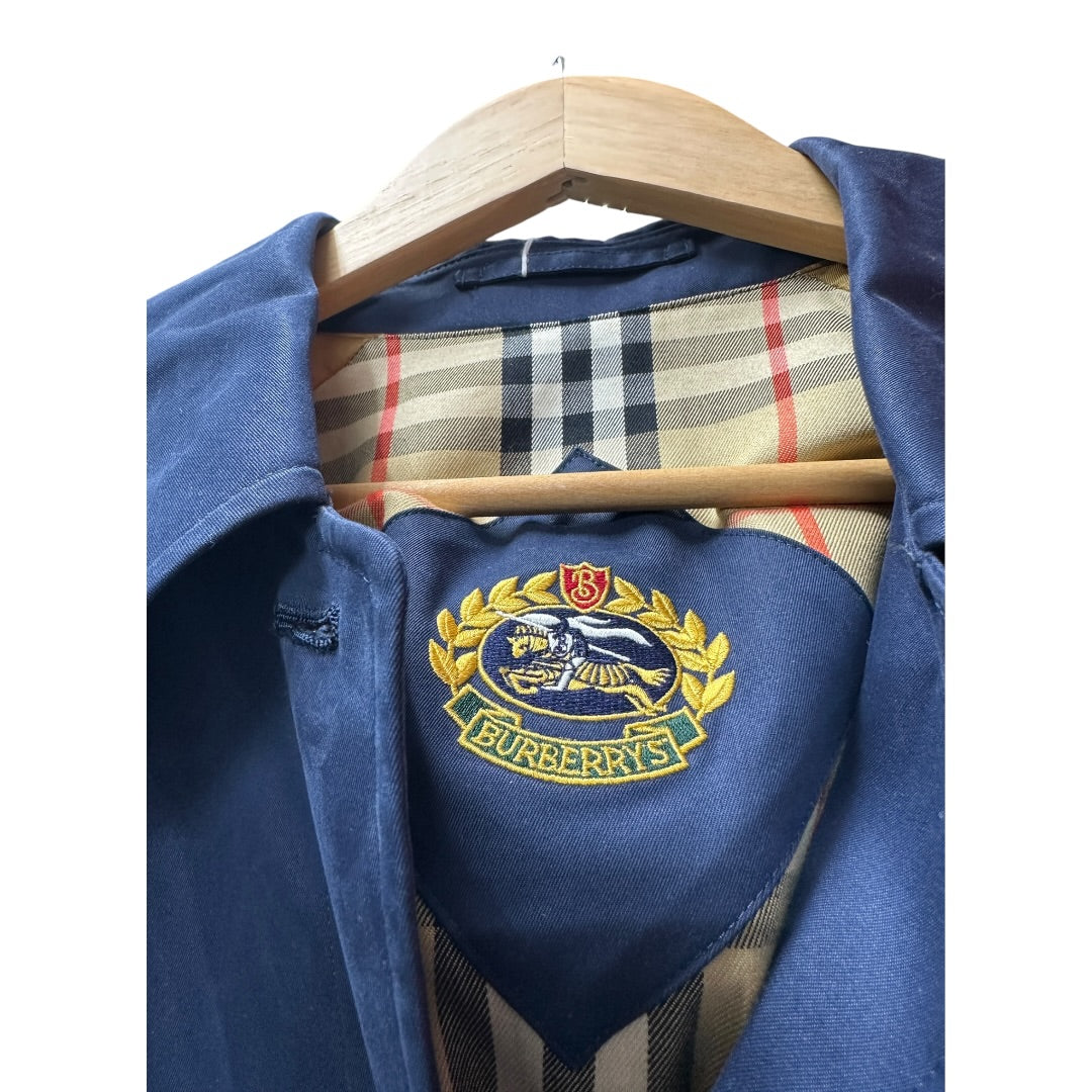 Authentic Burberrys Vintage Balmacaan Coat Navy with Gold Emblem