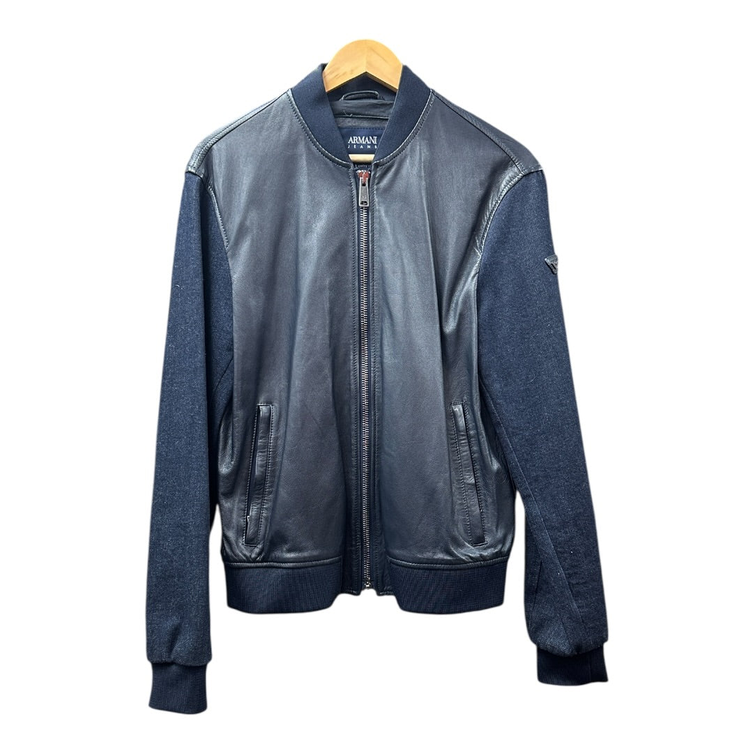 Authentic Armani Jeans Navy Leather & Fabric Bomber Jacket Made in Italy KA381
