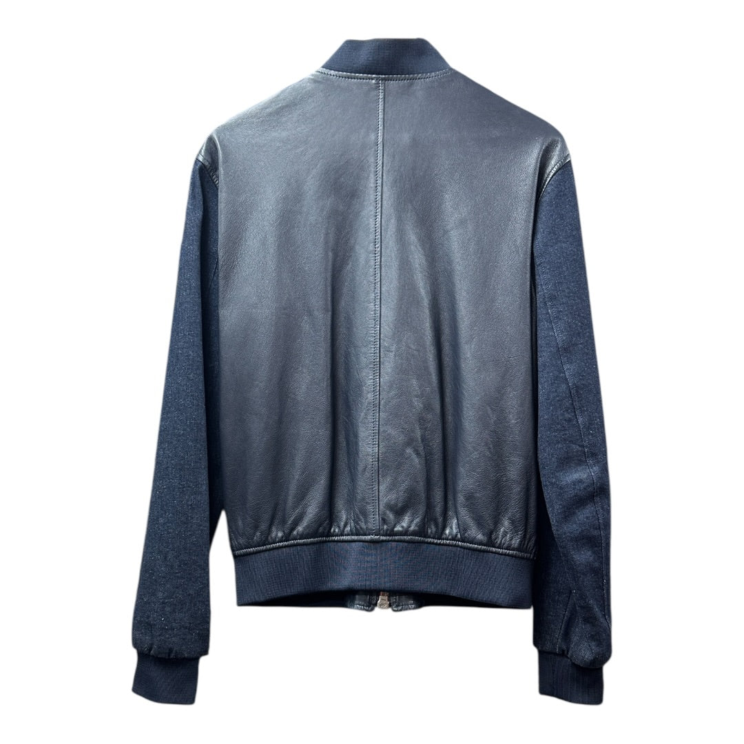 Authentic Armani Jeans Navy Leather & Fabric Bomber Jacket Made in Italy KA381