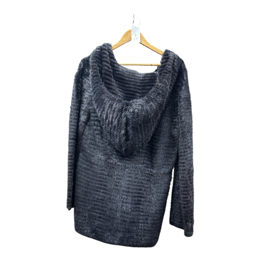 Authentic FENDI Roma Textured Fur Hooded Coat Charcoal Gray KA382