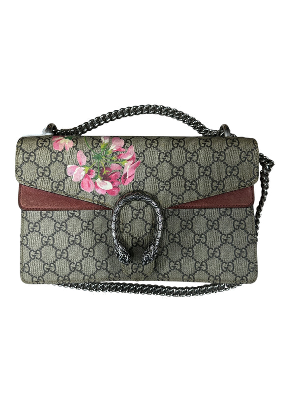 GUCCI GG Supreme Blooms Dionysus Small Shoulder Bag Beige Pink Silver Hardware GU595