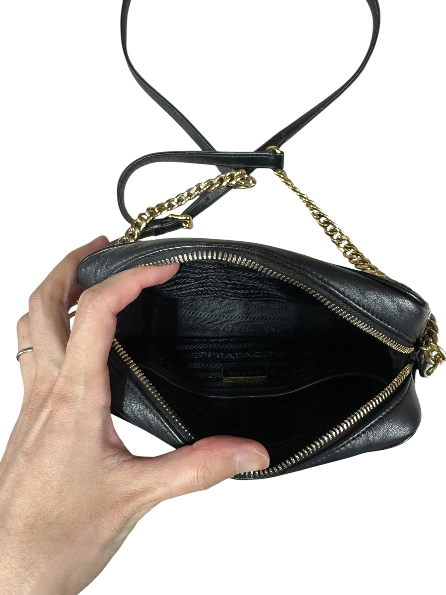 PRADA Gaufre Nappa Leather Camera Crossbody Bag Black Gold Hardware PR199