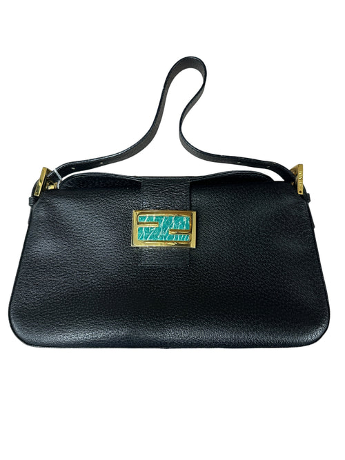 FENDI Mama Forever Grain Leather Shoulder Bag with Stone FF Buckle Black Gold Hardware FE375
