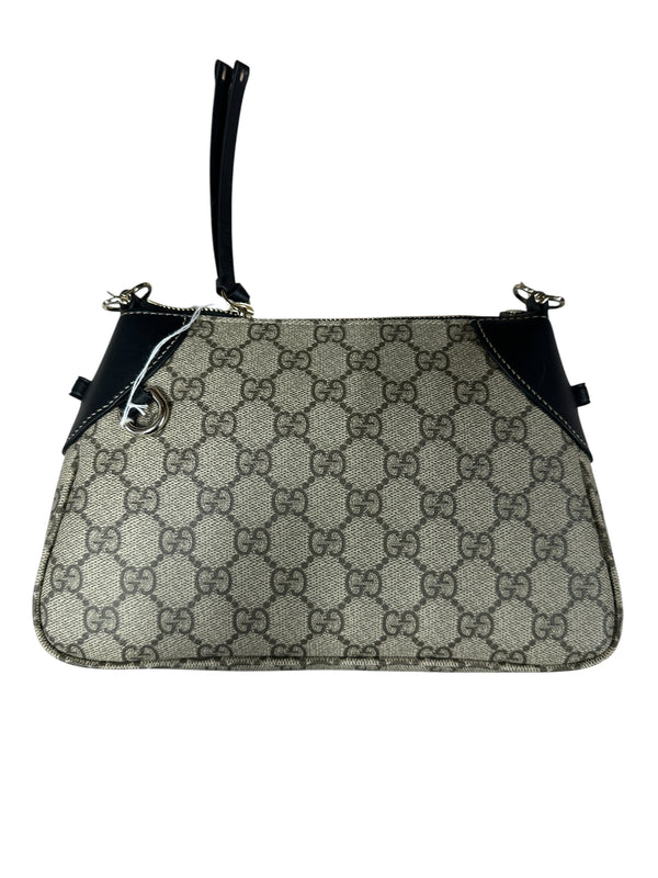 GUCCI GG Supreme Canvas Leather Trim Shoulder Bag Beige Black Silver Hardware GU598