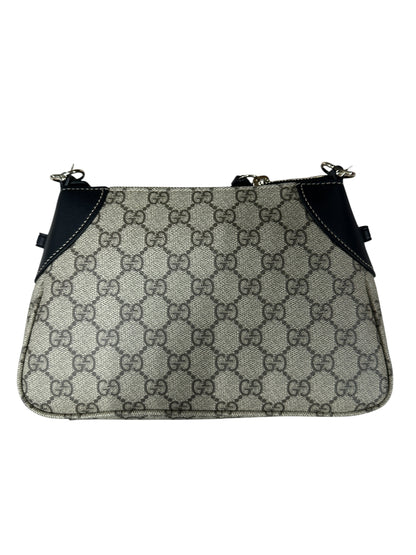 GUCCI GG Supreme Canvas Leather Trim Shoulder Bag Beige Black Silver Hardware GU598