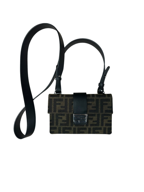 FENDI Zucca Canvas Calfskin Leather Flap Crossbody Shoulder Bag Brown Black Silver Hardware FE373