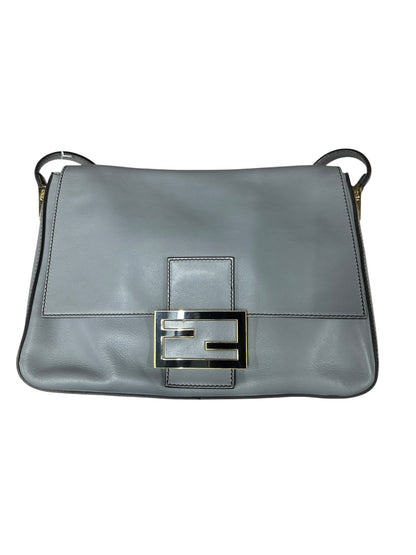FENDI Smooth Calfskin Leather FF Buckle Shoulder Bag Grey Gold Hardware FE374