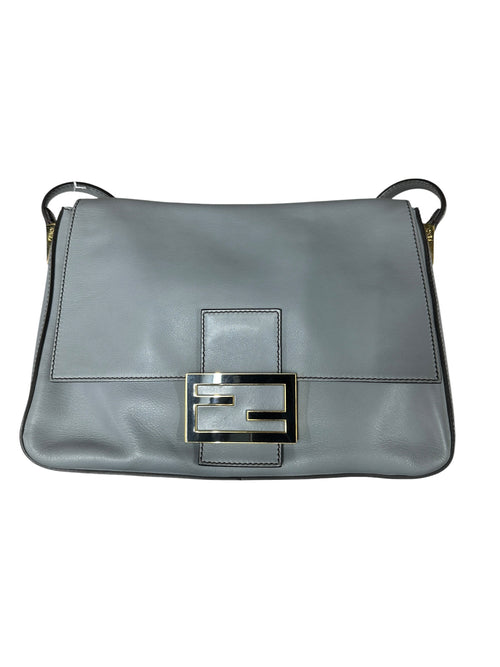 FENDI Smooth Calfskin Leather FF Buckle Shoulder Bag Grey Gold Hardware FE374