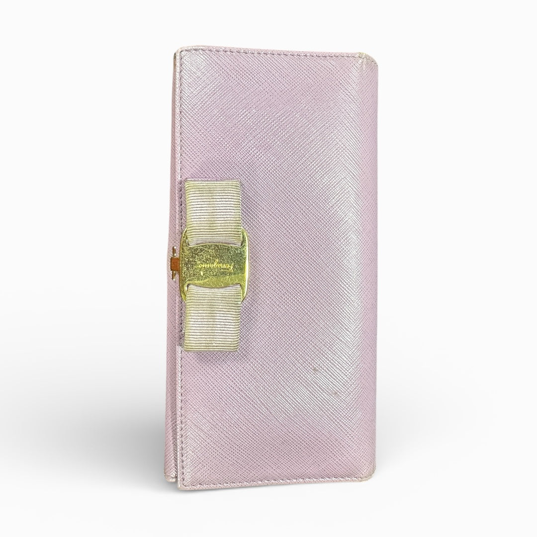 Authentic Salvatore Ferragamo Purple Leather Long Wallet with FE5a